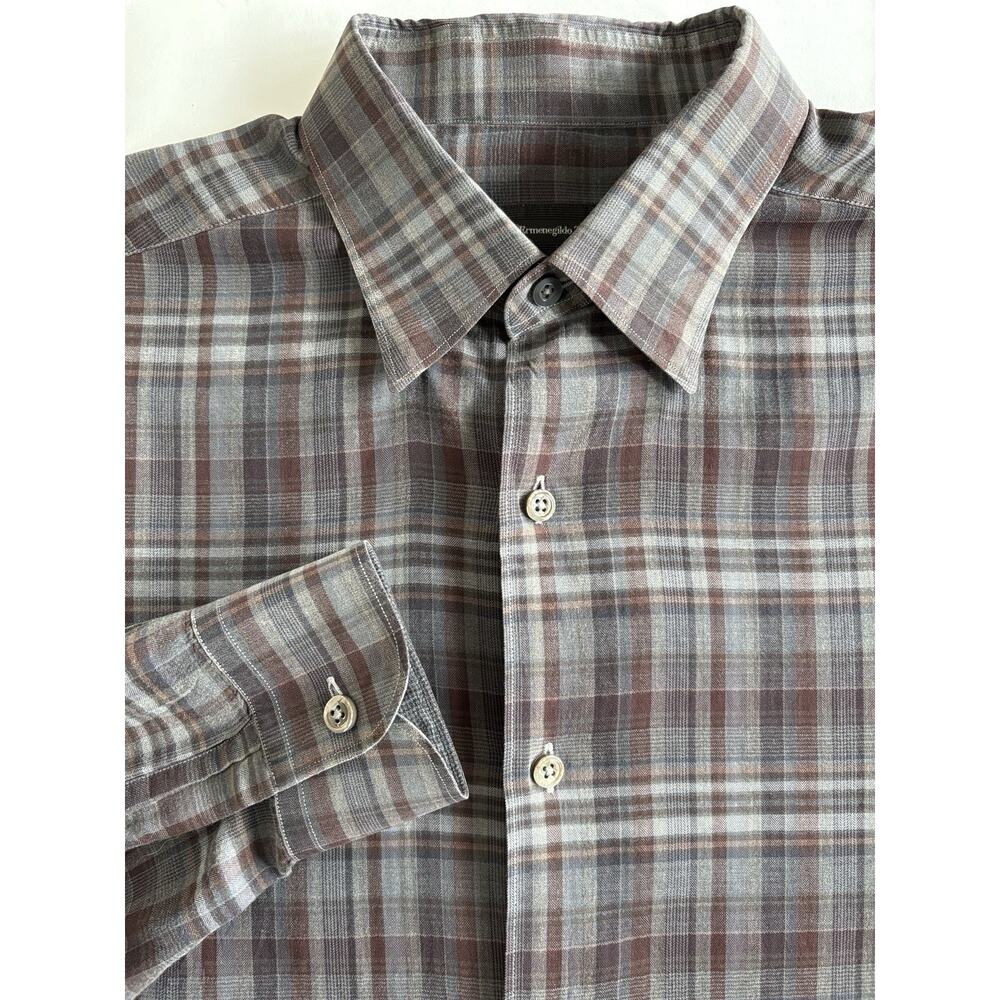 Ermenegildo Zegna Button Down Shirt- L Grey & Brown Plaid, Luxury Cotton Classic
